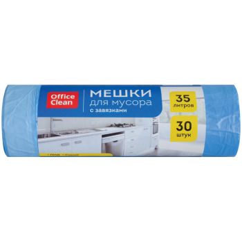 Мешки для мусора 35л OfficeClean ПНД, 48*52см, 13мкм, 30шт., прочные, синие, в рулоне, с завязками Мешки для мусора 35л OfficeClean ПНД, 48*52см, 13мкм, 30шт., прочные, синие, в рулоне, с завязками
