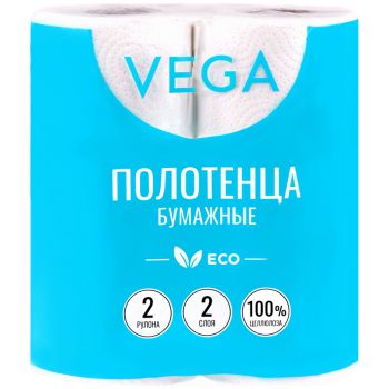 Полотенца бумажные в рулонах Vega, 2-слойные, 12м/рул., белые, 2шт. Полотенца бумажные в рулонах Vega, 2-слойные, 12м/рул., белые, 2шт.