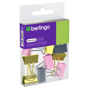 Зажимы для бумаг 19мм, Berlingo, 10шт., цветные, ПВХ упак., европодвес, розовый+золотой Зажимы для бумаг 19мм, Berlingo, 10шт., цветные, ПВХ упак., европодвес, розовый+золотой