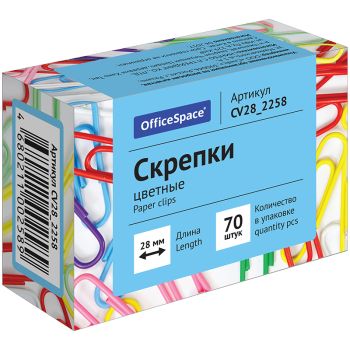 Скрепки 28мм, OfficeSpace, 70шт., цветные, карт. упаковка Скрепки 28мм, OfficeSpace, 70шт., цветные, карт. упаковка